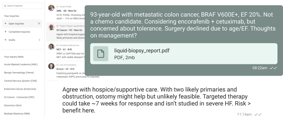 Medical inquiry conversation about a 93-year-old with metastatic colon cancer discussing treatment options
